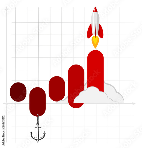Infographics template of rocket or spaceship launches. Successful startup business concept. Used for web design and workflow layout.