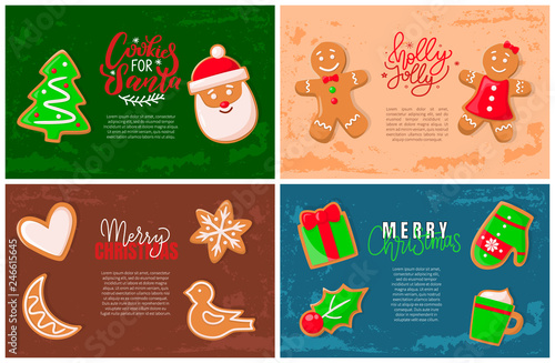 Holly jolly gingerbread man, Santa Claus cookie vector. Presents with bow shape, bird and stars, moon and heart, pine and mistletoe mitten and mug
