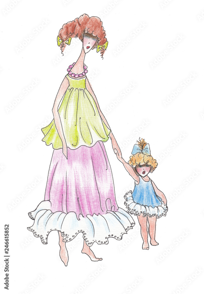 Fototapeta premium Graphic illustration of young mother with child.