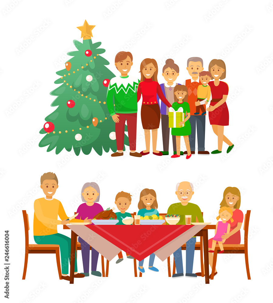 Fototapeta premium Christmas holiday celebration family by fir tree vector. Mother and father with children, grandfather and grandmother, evergreen pine decorated with ball
