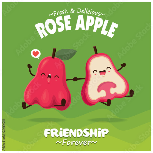 Vintage fruit & food poster design with rose apple character.