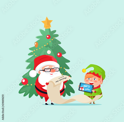 Merry Christmas elf helper with Santa Claus checking list with presents vector. Pine evergreen tree decorated with baubles and star on top garlands