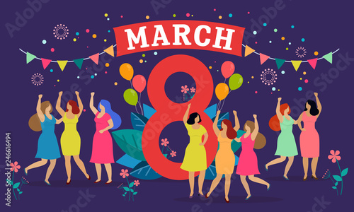 Women celebrate 8 march, give presents and have fun. Happy women's day. Vector