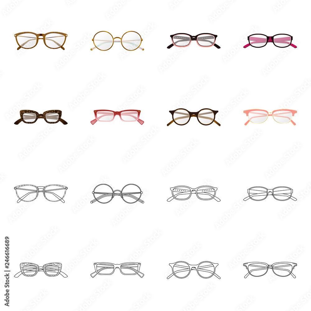 Vector illustration of glasses and frame sign. Collection of glasses and accessory stock symbol for web. Vector illustration of glasses and frame sign. Collection of glasses and accessory stock symbol for web.