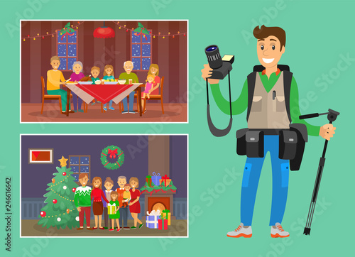 Christmas holiday celebration memorable photo of family eating dinner and posing by tree vector. Professional photographer, with camera in hands set