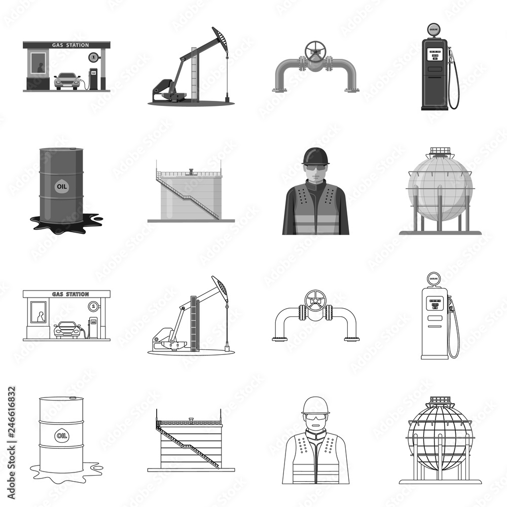 Vector illustration of oil and gas sign. Set of oil and petrol vector icon for stock. Vector illustration of oil and gas sign. Set of oil and petrol vector icon for stock.