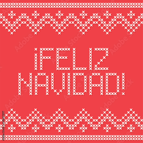 Christmas embroidery cross-stitch. Merry Christmas written in Spanish. Greeting card, napkin, poster, banner...