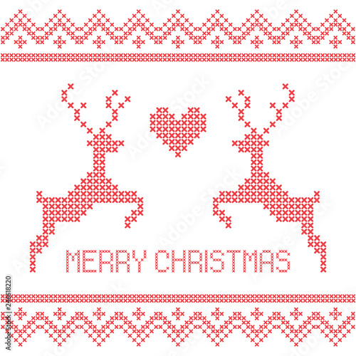 Christmas embroidery cross-stitch with deers and heart. Merry Christmas greeting card, napkin, poster, banner...