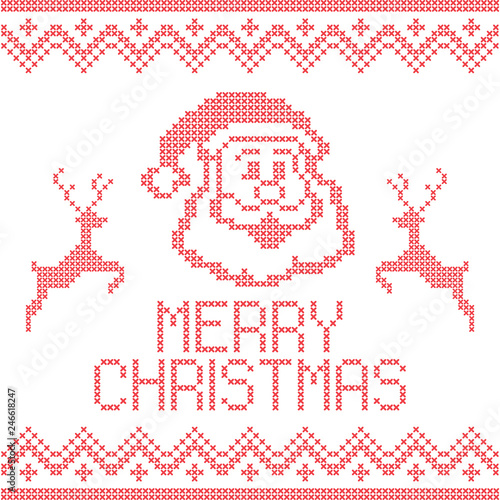 Christmas embroidery cross-stitch with deers and Santa Claus happy face. Merry Christmas greeting card, napkin, poster, banner...