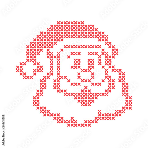 Christmas embroidery cross-stitch with Santa Claus happy face. Red on white background. Merry Christmas greeting card, napkin, poster, banner ...