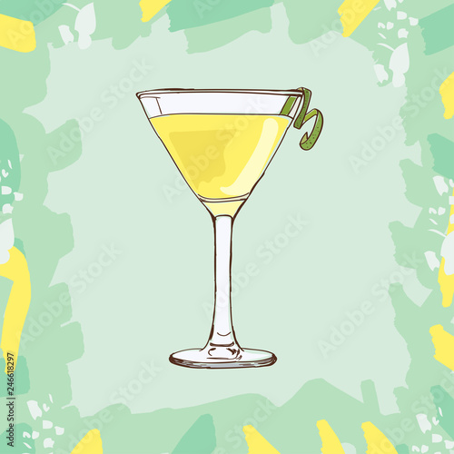 White lady cocktail illustration. Alcoholic classic bar drink hand drawn vector. Pop art