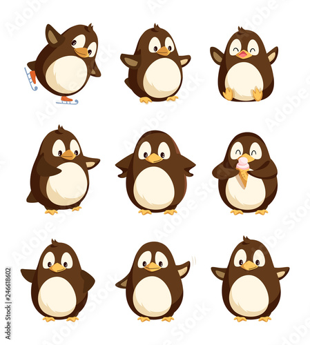Penguin animal with wings and smooth feathers bird with beak vector. Set of happy winter character with good mood, cartoon from antarctic area seabirds