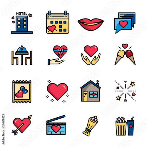 Valentine's day date night color line icon set