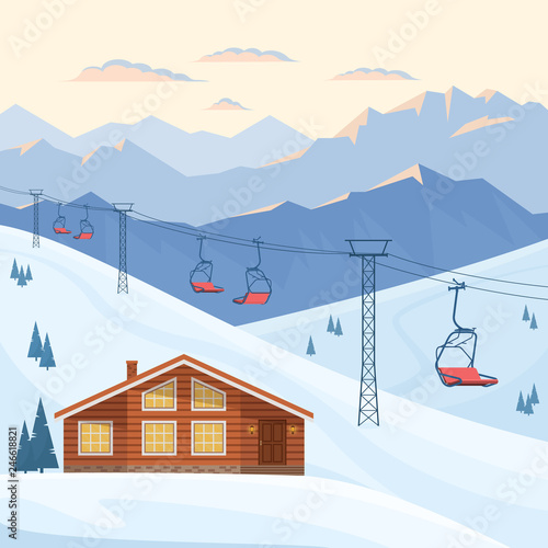 Ski resort with red chair lift, house, chalet, winter mountain evening and morning landscape, snow. Vector flat illustration.