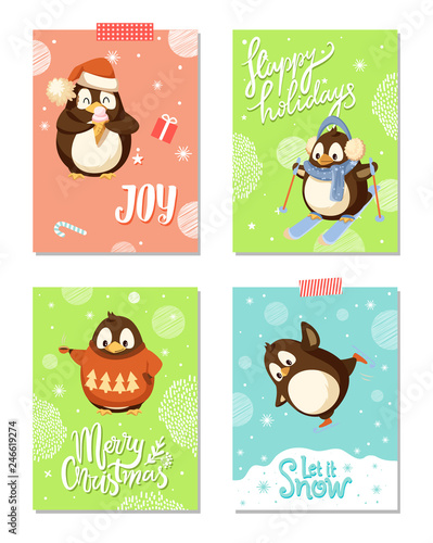 Arctic penguins, Christmas holiday greeting cards. Bird in Santa hat with ice cream, skis and earmuffs, scarf and sweater, coffee cup and skates vector