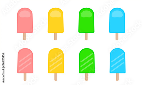 Collection of colored ice cream with stick on white background.