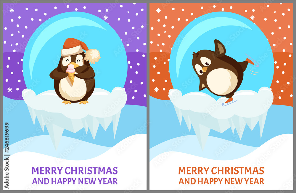Set of snow-globe with penguin. Standing animal with ice-cream in Santa hat and funny skating vector. Greeting card with Merry Christmas and Happy New Year Set of snow-globe with penguin. Standing animal with ice-cream in Santa hat and funny skating vector. Greeting card with Merry Christmas and Happy New Year