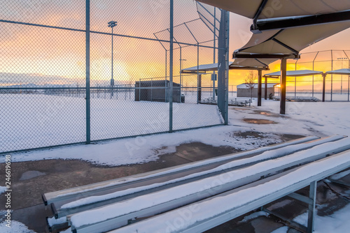 Canvas Print Snowy baseball field at sunset in Eagle Mountain