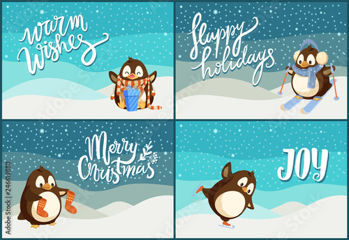 Merry Christmas happy holidays greeting posters vector. Smooth feathers on wings, animal with presents opening gifts, skiing holding knitted socks