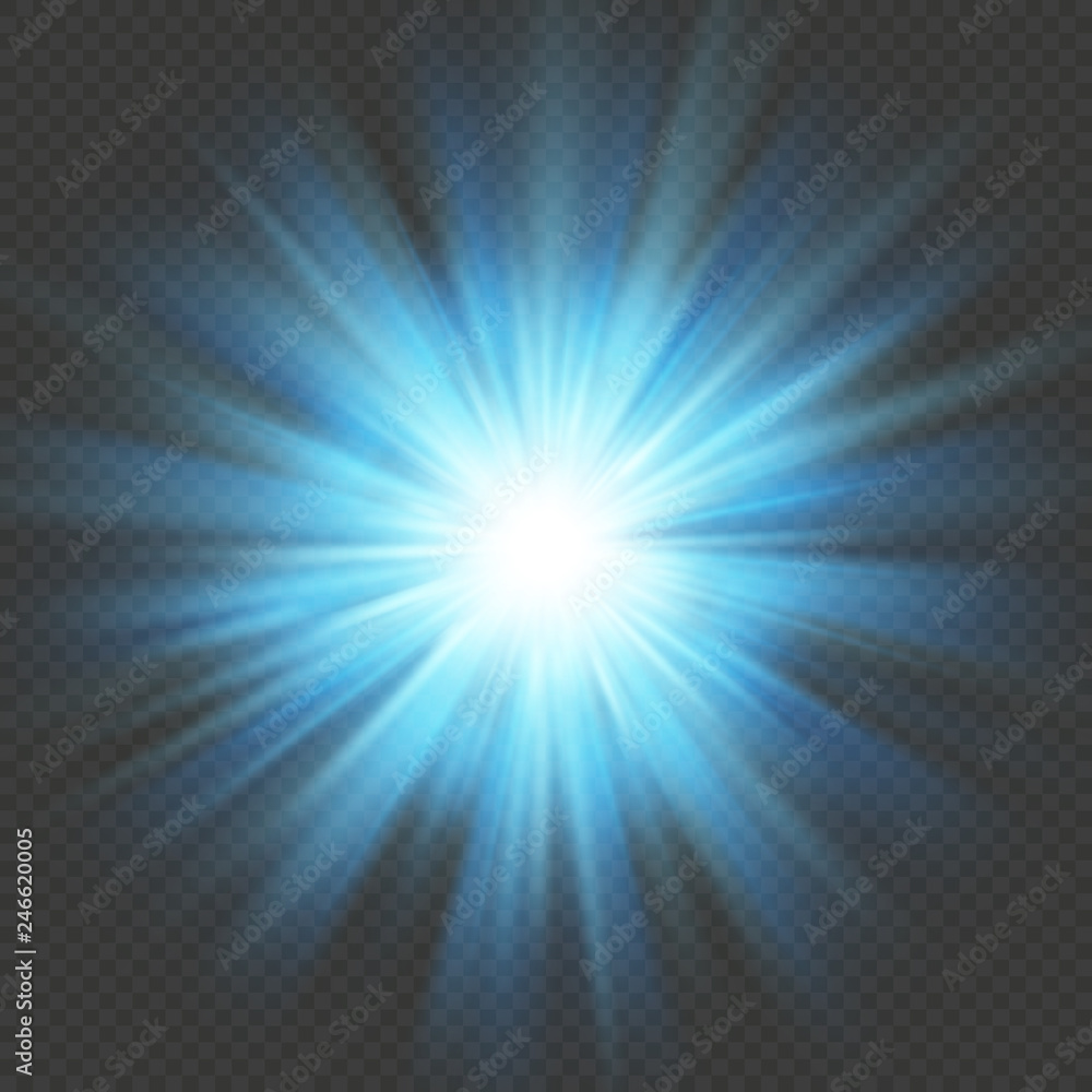 Blue glow star burst flare explosion light effect. Isolated on transparent background. EPS 10
