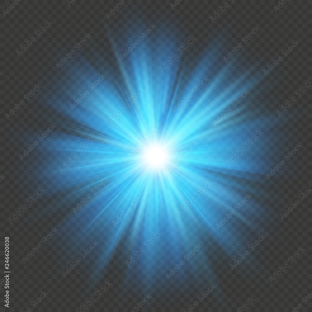 Blue glow star burst flare explosion light effect. Isolated on transparent background. EPS 10