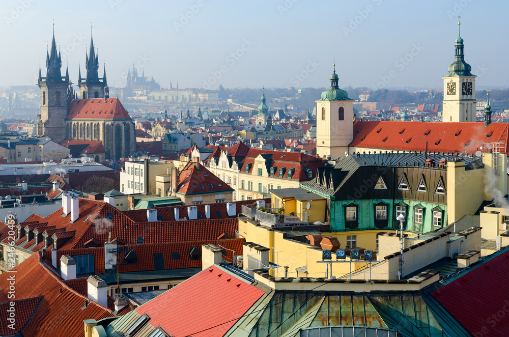 Beautiful view from above of historical center of Prague (Stare Mesto) on sunny January day, Czech Republic