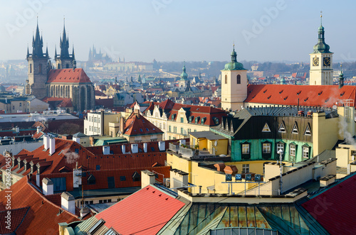 Beautiful view from above of historical center of Prague (Stare Mesto) on sunny January day, Czech Republic