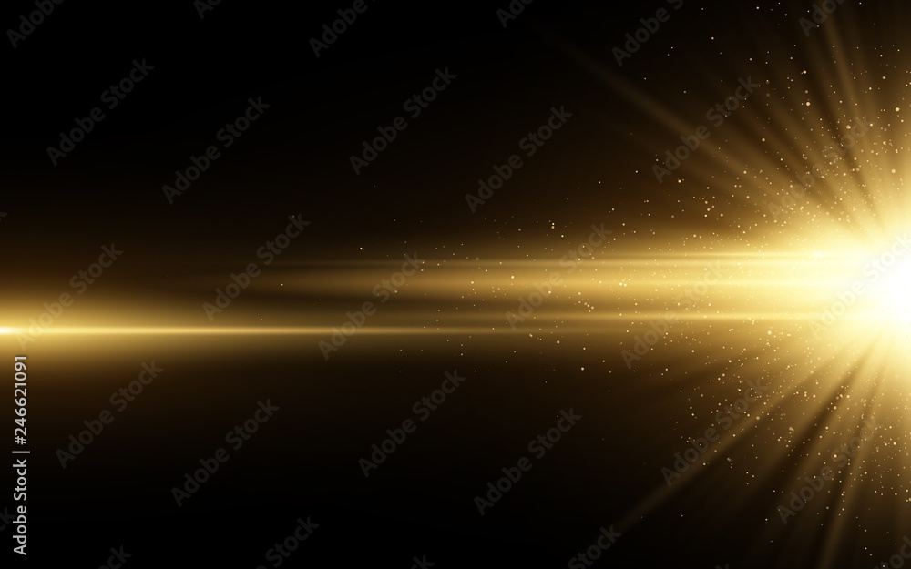 Stylish golden light effect isolated on black background. Golden glitters. Glowing star with sparkles. Glowing line. Vector illustration