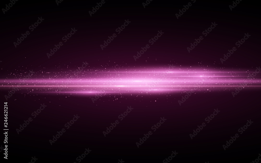 Stylish purple light effect isolated on black background. Purple glitters. Glowing lines with sparkles. Blurred light trails. Vector illustration