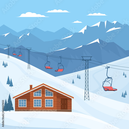 Ski resort with chair lift, house, chalet, winter mountain landscape, snow. Vector flat illustration.