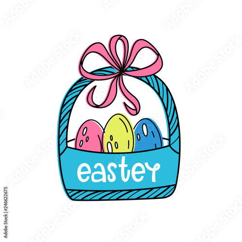 Vector illustration with Easter egg basket. Basket with bow. Doodle style + lettering: Easter