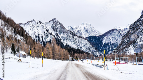 Winter landscape of the Dolomites mountains in Italy.