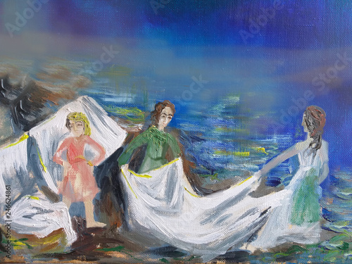 Obraz na plátně Poor barefooted laundresses women and girls working hard on the coast