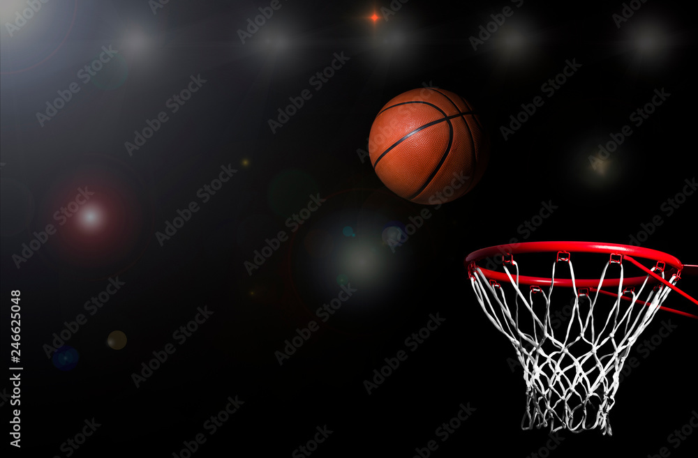 Basketball hoop net and ball side view