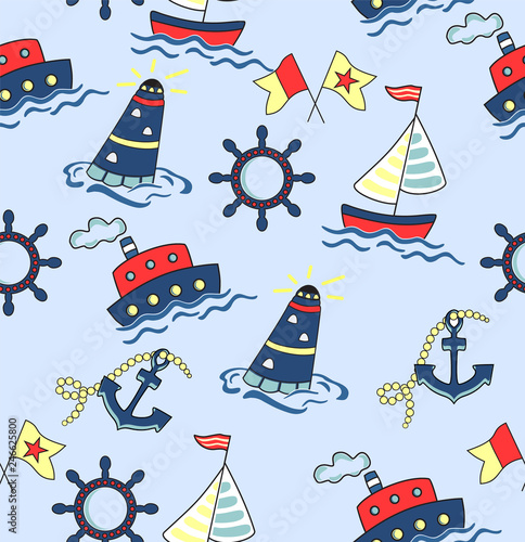 Seamless baby pattern with cute shps in ocean. Vector bright illustration with boats in the sea for kids. Seamless childrens background for wallpapers or textile.
