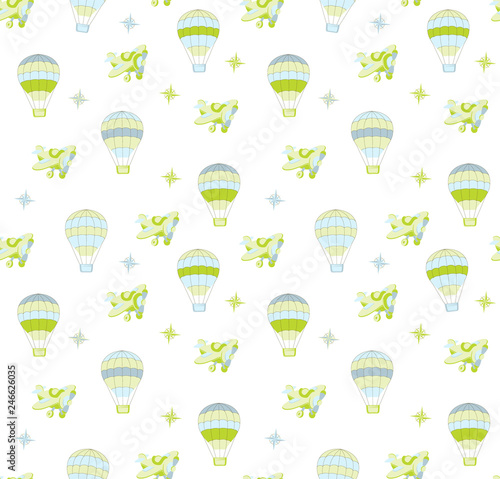 Seamless baby pattern with cute cars, airplane and ship. Vector bright illustration for kids. Seamless childrens background for wallpapers or textile.