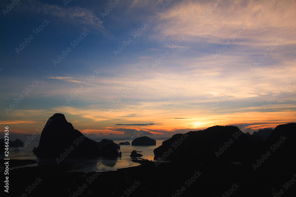 Silhouette Travel mountainous near the sea. Samed Nang Chee viewpoint, tropical area Phang Nga Thailand
