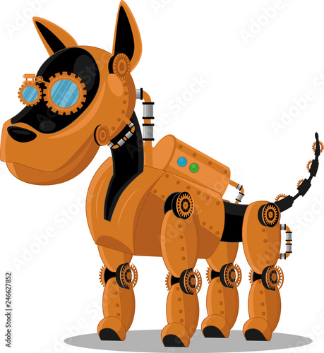 Dog steampunk robot. Unusual animal pattern mechanism vector illustration.
