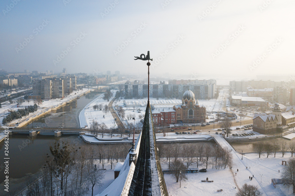 Tbe tower of Cathedral of Kaliningrad, Russia, aerial view