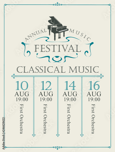 Vector poster for the annual festival of classical music with grand piano on the light background in vintage style