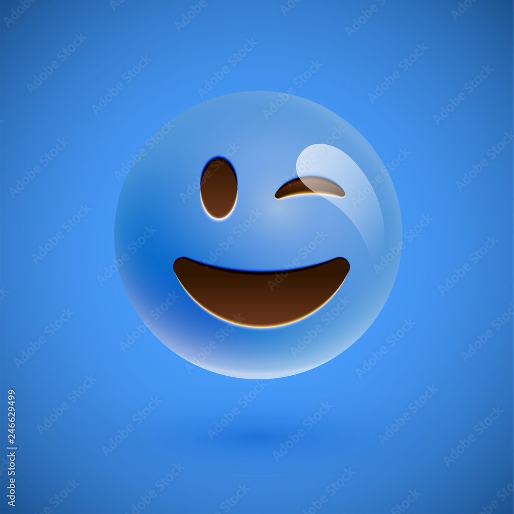Fototapeta premium Blue realistic emoticon smiley face, vector illustration
