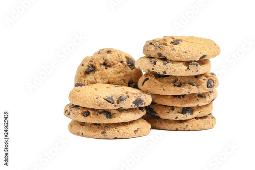 Tasty chocolate chip cookies on white background