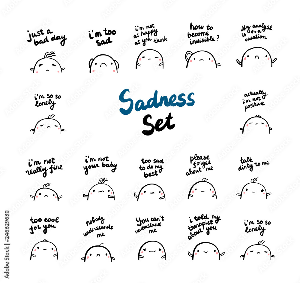 Obraz premium Sadness set with cute marshmallow hand drawn illustration