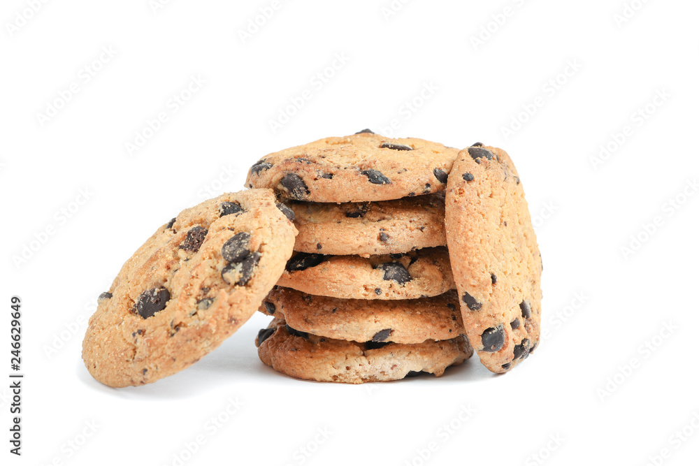 Stack of tasty chocolate chip cookies on white background Stack of tasty chocolate chip cookies on white background