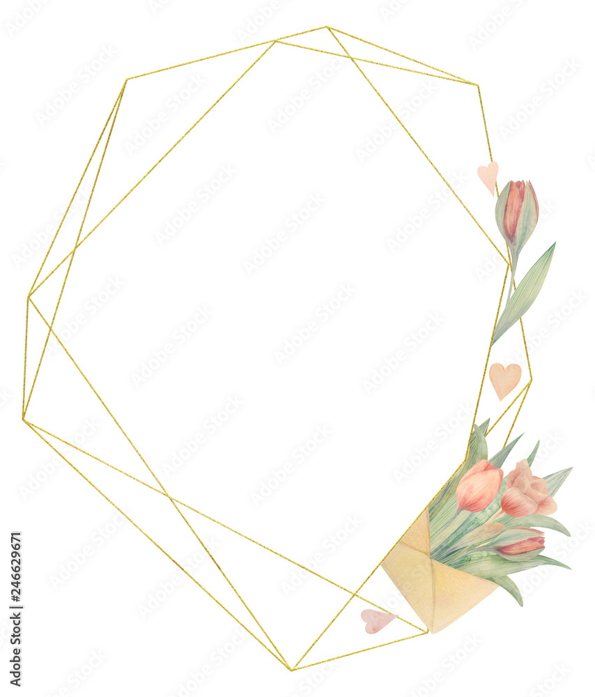 Watercolor frame with tulips. Drawn by hand. Ideal for logo, wedding invitations, cards, posters Watercolor frame with tulips. Drawn by hand. Ideal for logo, wedding invitations, cards, posters