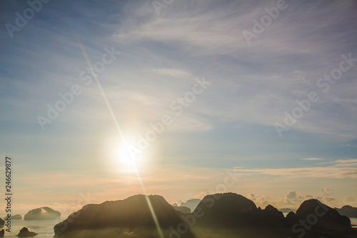 Morning light tour with mountains near the sea, Samed Nang Chee viewpoint tropical zone in Phang Nga Thailand.