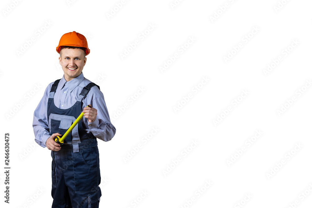 Builder engineer with a tape measure in the hands of. Smiling on an isolated white background. Builder engineer with a tape measure in the hands of. Smiling on an isolated white background.