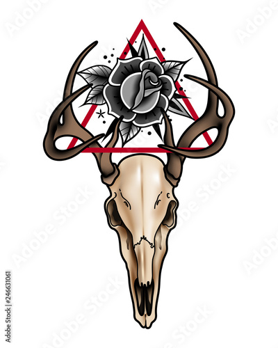 Decorative tattoo deer skull and roses with a triangular element