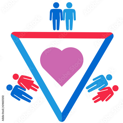 Schematic representation of polyamoric relations between three people. Polyamory conceptual illustration.