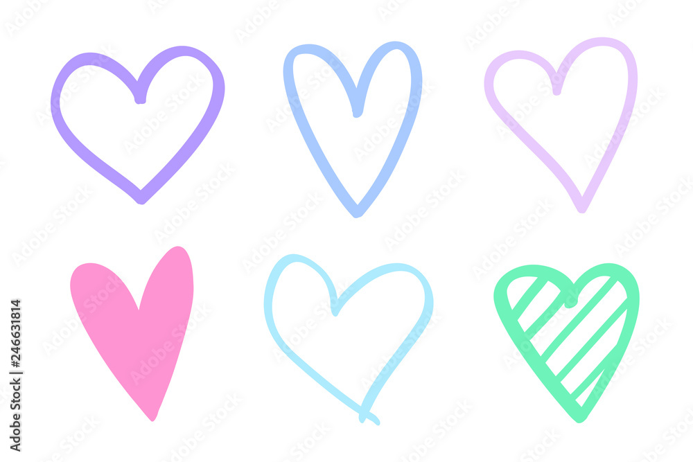 Colorful grunge hearts on isolated white background. Hand drawn set of love signs. Unique abstract image for design. Line art creation. Colored illustration. Elements for poster or flyer